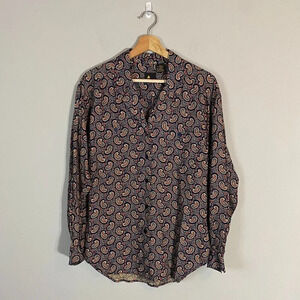 Vintage Liz Sport Women's Sz Small Long Sleeve Button Up Paisley Navy Blouse Top